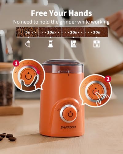 SHARDOR Electric Coffee Grinder, 70g Large Capacity Spice Grinder with Visual Timing Knob for Precise Grind, Quiet Coffee Bean Grinder for Espresso, French Press, Herbs and Grains, Orange