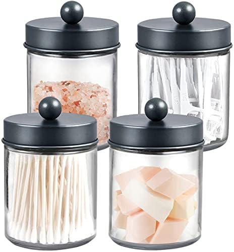 Amolliar Glass Apothecary Jar Qtip Holder Metal Lids 4pc/Grey