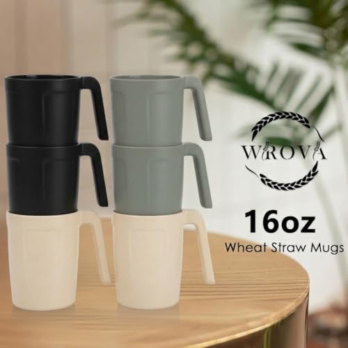 Wrova 16 OZ Coffee Mugs Set of 6, Wheat Straw Cups Alternative to Plastic Cups Reusable, Unbreakable Drink Cups for Kitchen,Party,Camping- Black & Gray