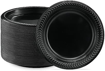 PLASTICPRO 400 PCS Black Plastic Plates Light Weight 7 Inch Plastic Dinner Dessert Appetizer Plates Black Plates Disposable for Party and Wedding