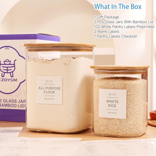 2 Pack large Square Glass Flour and Sugar Containers with 132 Kitchen Pantry Labels - 110 floz & 51 floz - Glass Jars with Airtight Bamboo Lid - Glass Rice Canisters for Coffee, Pasta, Cookie, Cereal
