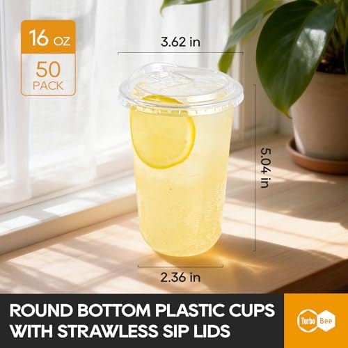 Turbo Bee 16 oz Plastic Cups with Lids, 50 Pack, Iced Coffee Cups with Lids