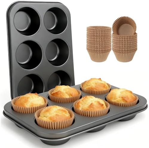Artcochan 2 Pack Jumbo Muffin Pan with 50 Cupcake Liners, Extra Large 6 Cup Nonstick Carbon Steel Cupcake Pan, Jumbo Muffin Tin for Baking Supplies