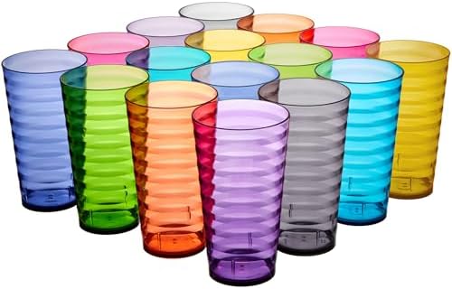US Acrylic Splash [Set of 16] 18 ounce Plastic Stackable Water Tumblers in Jewel Tone Colors Value Set of Drinking Cups, Reusable, BPA-free, Made in the USA, Top-rack Dishwasher Safe
