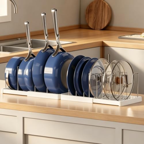 Magheo 1 Pack Expandable Food Storage Container Lid Organizers, 31.3" Pots and Pans Organizer Under Cabinet with 12 Adjustable Dividers Pot and Pan Lid Holders Rack Inside Cabinet(White)