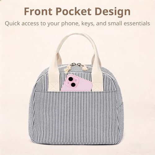 LOVELYWIND Lunch Box for Women, Insulated Lunch Bag, Black Stripe Tote