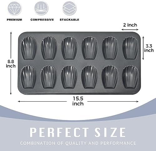 HONGBAKE Nonstick Madeleine Pan 2 Pack 12-Cavity Heavy Duty Madeleine Cookies Trays for Oven Baking, Warp Resistant Shell Shape Madeleine Mold Cake Pan, Space Grey