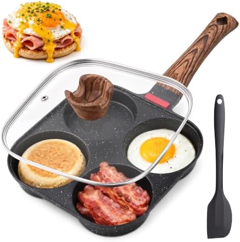 4 Cup Egg Pan with Lid, Egg Frying Pan Nonstick for English Muffins