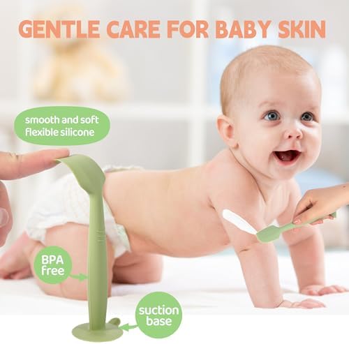 Baby Diaper Cream Spatula 3 Pack Diaper Spatulas Soft Silicone Diaper Cream Applicator Baby Butt Paste Spatula Brush with Suction Base,Full Size(Gray+Off-white+Green