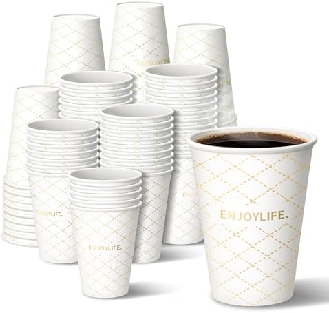 MOUMOULIFE Disposable Paper Coffee Cups 12 oz 300 Count, Leak-Proof Gold Gilded Elegant Paper Cups for Hot/Cold Drinks, Ideal for Bulk Wedding, Large Party, Catering, Events