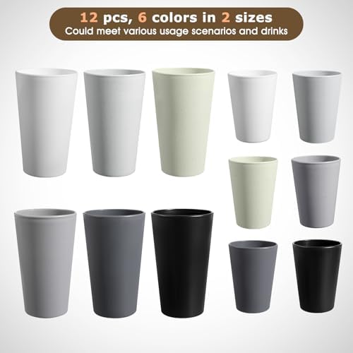 HEYCOME Set of 12 Wheat Straw Cups, 6 Pcs 20 oz & 6 Pcs 12 oz Unbreakable Drinking Cups, Reusable Plastic Cups Sets, Water Glasses Tumblers, Microwave & Dishwasher Safe, Bpa Free, 6 Colors