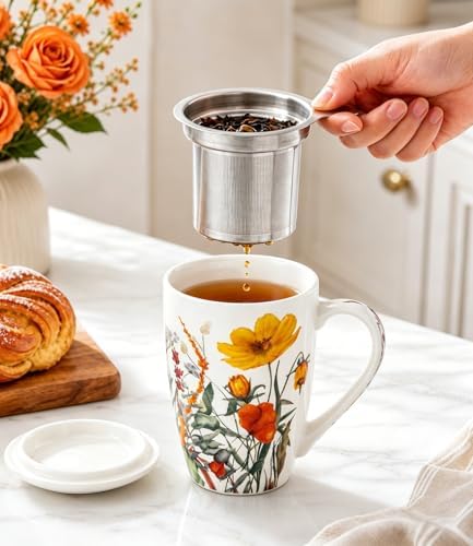 AmorArc Tea Cup With Infuser and Lid, 18oz Loose Leaf Tea Mug With Steeper