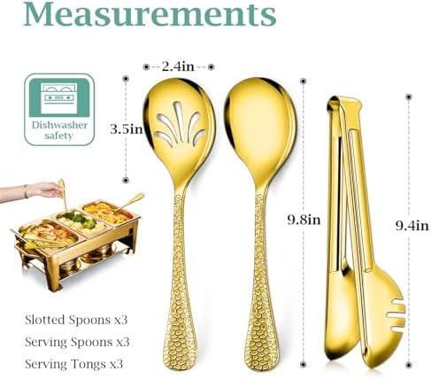 Teivio Hammered Stainless Steel Metal Serving Utensils Set of 9, 10" Serving Spoons, 10" Slotted Spoons, 9" Serving Tongs, Large Hostess Serving Set for Parties Chafing Dish Buffet Catering (Gold)