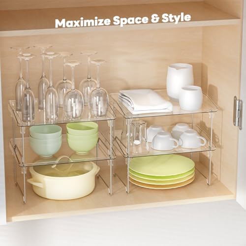 STARLATTA Acrylic Cabinet Organizer Shelf,4 Pcs Stackable Kitchen Counter Shelves,Spice Rack,Countertop Organizers,Clear Plastic Storage Organization for Makeup，Bathroom,Cupboard,Desk,Pantry