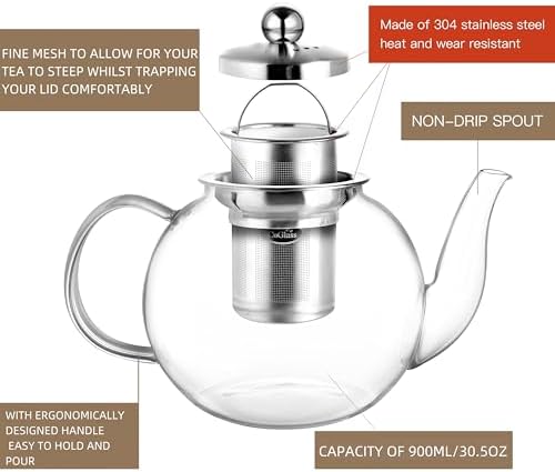 CNGLASS 900ml Glass Teapot with Removable Infuser,Clear Tea Kettle Stovetop Safe,Blooming and Loose Leaf Tea Maker