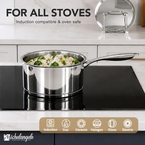 MICHELANGELO 4 Quart Stainless Steel Saucepan with Lid, Tri-Ply Base