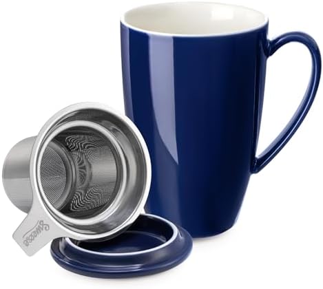 Sweese 15oz Ceramic Tea Cup with Infuser and Lid, Microwave and Dishwasher Safe, Extra-Fine Loose Leaf Tea Steeper, Comfortable Handle, Tea Set in Gift Box, Dark Blue