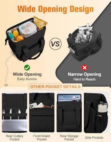 ISEYOU Large Lunch Bag for Men & Women, 20L Insulated Cooler Bag with Wide Opening, Leak-Proof & Multi-Pocket Leather Lunch Box, Adjustable Strap Lunch Tote Bags for Work, Office, Picnic and Camping
