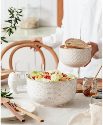 Mikiegy Ceramic Mixing Bowls Set of 2, Nesting Ceramic Embossment Stoneware Mixing Bowls for Cooking, Serving, Popcorn, Salad etc, Microwave & Dishwasher Safe, 44/98 oz, Off-White