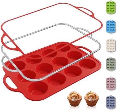 Socisen 12 Cups Silicone Muffin Pan with Metal Reinforced Frame Regular Size Cupcake Pan Tray Egg Bites Silicone Circle Cookie Molds Muffin Tin Tart Pans Baking Sheet Set for Breakfast Sandwiches