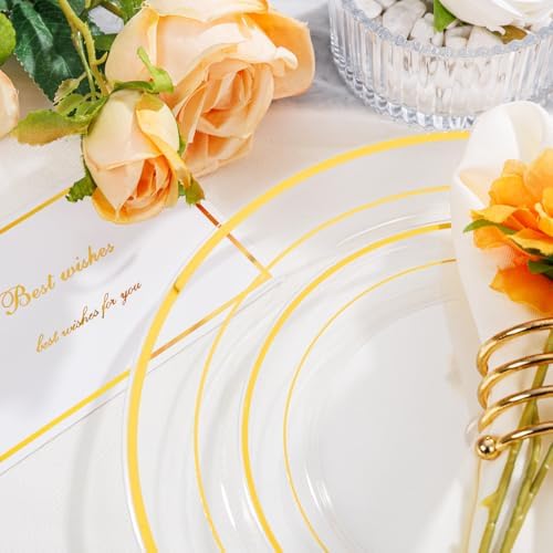 I00000 102 Pcs Clear Gold Plastic Plates, Premium Disposable Party Plates