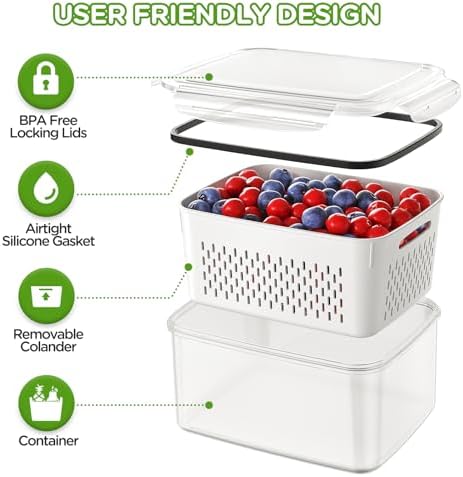 4 PCS Fruit Storage Containers for Fridge, Produce Containers for Fridge with Removable Colander, All-In-One Fruit Washing Bowl with Strainer Microwave/Dishwasher Safe for Salad Berry Lettuce Keeper