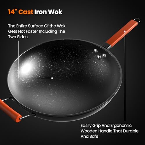 1800W Induction Wok,Stainless Steel Electric Wok Used For Home And Commercial,Temp From 140°F to 460°F,Concave Surface Dual Control 10 Power 24H Timer,14-inch Cast Iron Wok Included