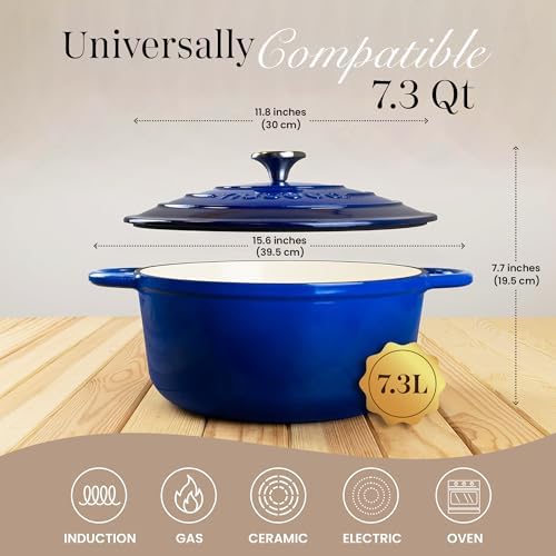 Cast Iron Dutch Oven with Lid - Non-Stick Ovenproof Enamelled Casserole Pot - Sturdy Dutch Oven Cookware - Dark Blue, 7.3-Quart, 30cm - by Nuovva