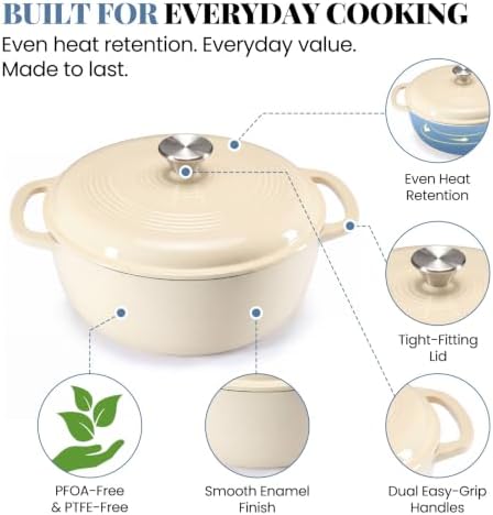 DUMOS Cast Iron Dutch Oven, 6 Quart Pot with Lid, Enameled Heavy Duty Cookware, Oven Safe to 500°F, Perfect for Bread Baking, Stews and Roasting, Moisture Sealing Lid with Dual Handles, Beige