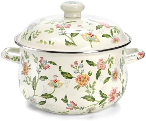 Jucoan 5 Quart Enamel Stockpot with Lid, Green Floral Enamelware Cooking Pot with Dual Handles for Stovetop, Large Soup Pot Potpourri Simmer Pot Gift for Housewarming Bridal Shower Mother's Day