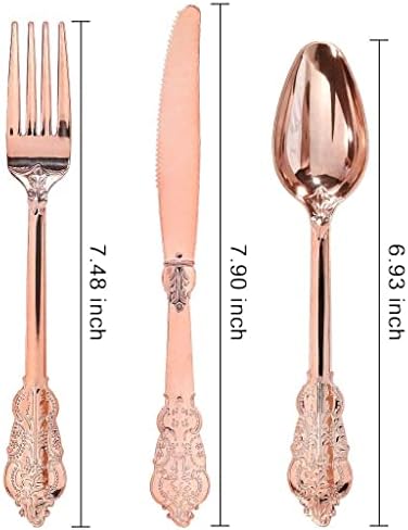 WDF-300 Pieces Rose Gold Plastic Silverware- Disposable Flatware -Heavyweight Plastic Cutlery- Includes 100 Forks, 100 Spoons, 100 Knives for Wedding/Parties/Birthday