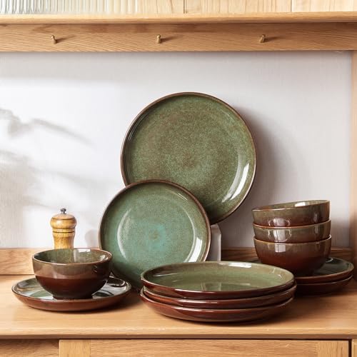 Pokini Stoneware Dinnerware Sets for 8, 24pcs Plates and Bowls Sets Dishes