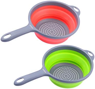 ZOER Kitchen Foldable Pasta Strainers,Collapsible Colanders with Handles,Space-Saver Folding Silicone Strainers Colander,Capacity of 2 quart (Green and Red)