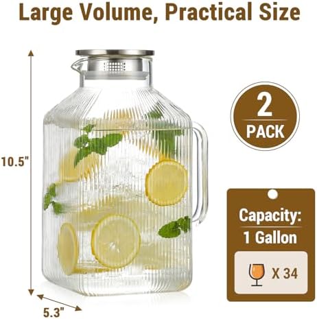 2 Pack 1 Gallon thickened Square Glass Pitcher with Lid, Classic Stripes Water Pitchers for Fridge, Borosilicate Glass Carafe for Hot/Cold Brew Drink, Extra Large Jug with Handle for Iced Tea, Coffee