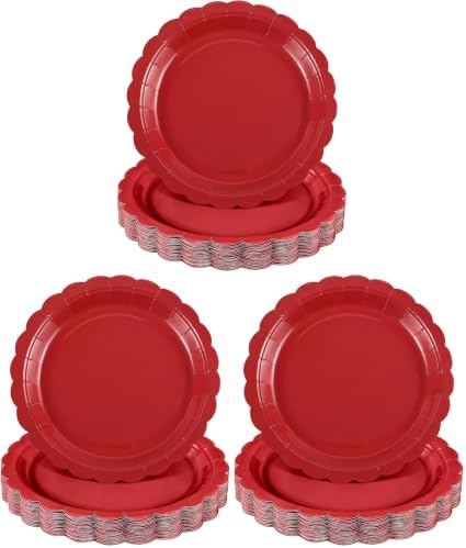 NatNarr 30 Pcs Red Paper Plates 9 Inch Scalloped Red Dessert Dinner Plates Cute Party Plates for 4th of July, Birthday, Picnic (Pack of 3)
