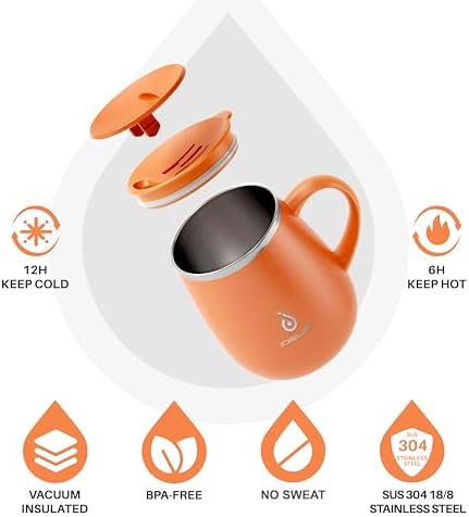 Ideus 16 oz Insulated Coffee Mug with Lid and Handle (Orange Tiger 2.0)