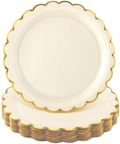 NatNarr 30 Pk Ivory Paper Plates 9" Scalloped Cream Plates with Gold Rim