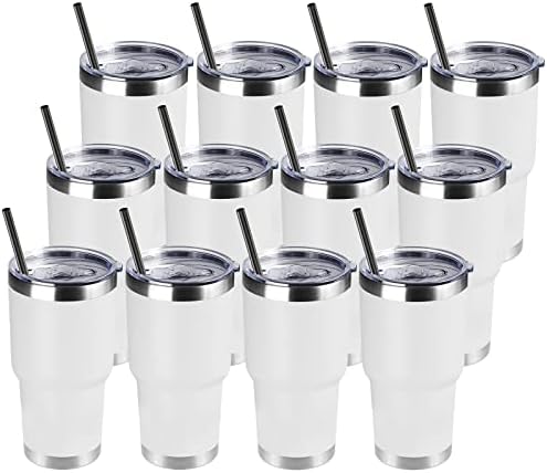 DOMICARE 30 oz Tumbler with Lid and Straw, Stainless Steel Tumblers Bulk, Insulated Vacuum Double Wall Travel Coffee Mug, Durable Powder Coated Tumbler Cups (White, 12)