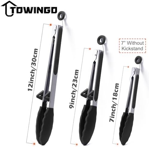 Kitchen Tongs for Cooking with Silicone Tips, 3 Size Serving Tongs, Black
