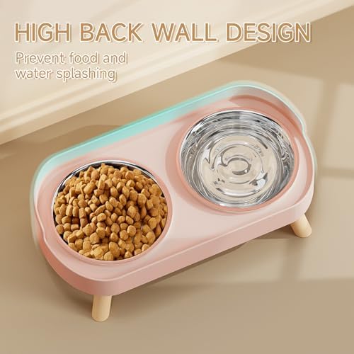 Elevated Cat Bowl, Raised Cat Food and Water Bowl Set for Indoor Cats, Splash Proof with 2 Stainless Steel Pet Food Bowls for Cats and Puppies, Whisker Fatigue and Dishwasher Safe - Pink