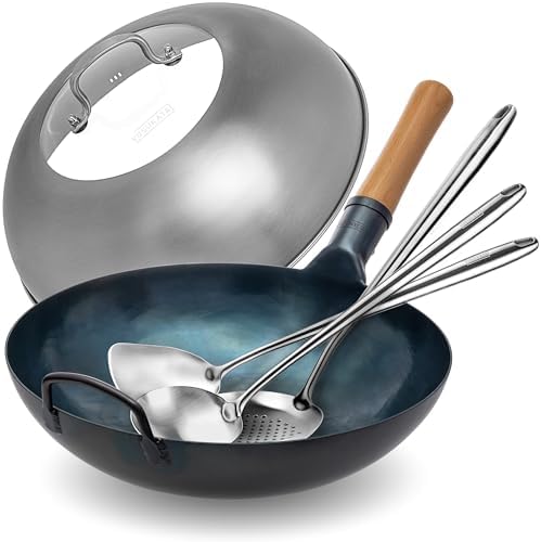 YOSUKATA Flat Bottom Wok Pan - 13.5" Blue Carbon Steel Wok + Wok Lid 12.8 Inch + 17" Spatula and Ladle Skimmer Spoon