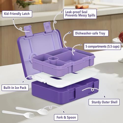 Chill Lunch Box Kids, Leak Proof Adult Bento Box with Ice Pack, 6 Compartment Lunch Container with Utensils for Girl Boy Back to School, 5.5-Cup Capacity, Dishwasher Safe, BPA Free
