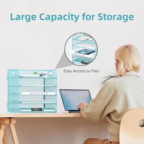 SUPEASY 2 Pack 5-Tier Blue Desk Organizer with Handle Mesh Desk File/Paper Organizer Letter Tray for Office, School and Home Easy Installation