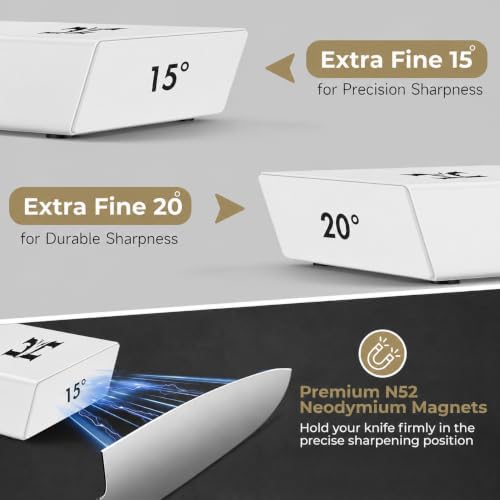 High Carbon Stainless Steel Rolling Knife Sharpener with 400, 1000 & 3000 Replacement Discs - Blunt Knife Sharpening Kit with 15 and 20 Degree Sharpening for Kitchen & Chef's Knives (White)