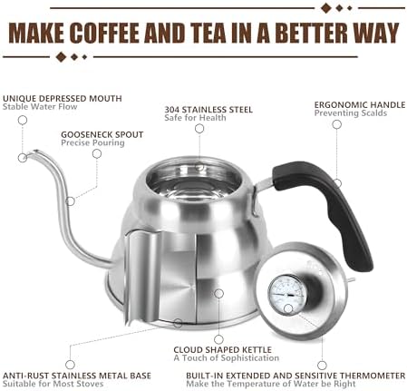 Tea Kettle For Stovetop,Pour Over Tea Coffee Kettle,Thermometer,Silver,28oz