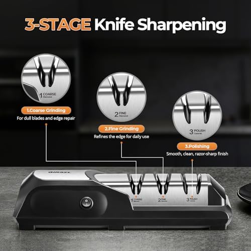 Kitchen Professional Electric Knife Sharpener: 3-Stage 100% Diamond Abrasives Knife Sharpeners with 15° Precision Angle Electric Steel Sharpening Tool to Restore/Polish Chef Knives