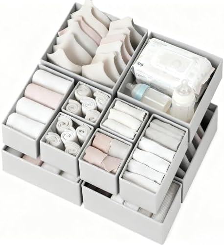 Criusia Drawer Organizer Clothes 12 Pack, Dresser Organizer for Nursery Bedroom Closet Organization and Storage - Baby Clothes Organizer Bins - Drawer Divider for Sock Underwear Bra Ties (Grey)