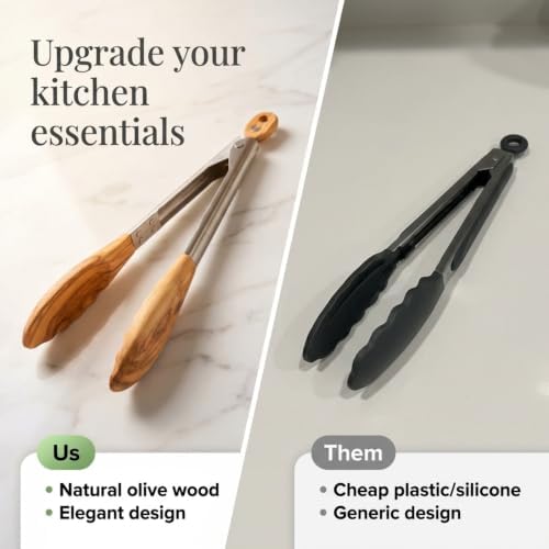 Salt & York 11-Inch Olive Wood Tongs, Long Handle Kitchen Tongs for Cooking, Salad, Pasta, and Grilling, Farmhouse Style Kitchen & Cookware, Ideal for Entertaining, Wedding and Housewarming Gift
