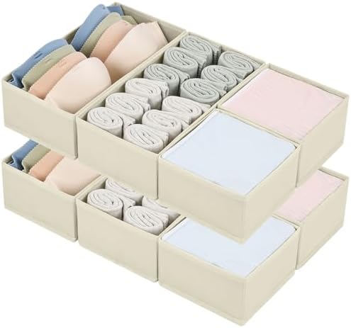 DIMJ Drawer Organizers for Clothing, Set of 8 Fabric Closet Organizers and Storage, Dresser Organizers, Drawer Dividers for Baby Clothes, Socks, Belt, Tie (Beige)