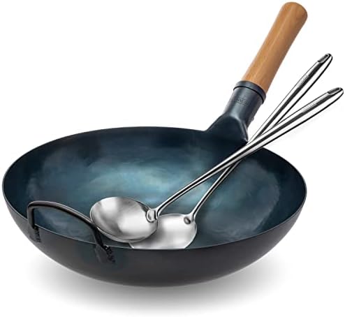 YOSUKATA Flat Bottom Wok Pan - 13.5" Blue Carbon Steel Wok Flat Bottom Wok Pan + 17’’ Spatula and Ladle - Set of 2 Heat-Resistant Tools